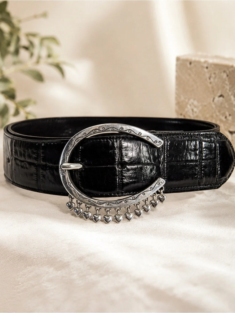 Brighton Black Croc Embossed Leather Belt Silver Heart Charm Buckle Size 30